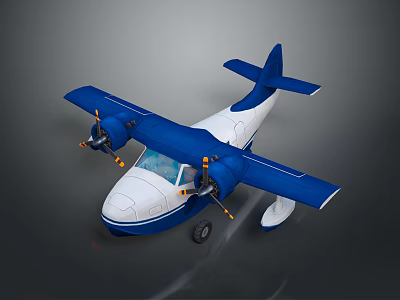 Blue and White Seaplane Model With Twin Propellers and Floats Design 3d model