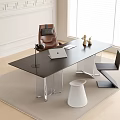 Modern Black Desk With Clear Legs Laptop Lamp Chair White Stool On Beige Rug