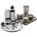 Dark Gray Coffee Mugs With Wooden Tray And Stainless Steel Containers On Marble Patterned Surface