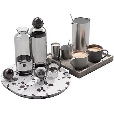 Dark Gray Coffee Mugs With Wooden Tray And Stainless Steel Containers On Marble Patterned Surface 3d model