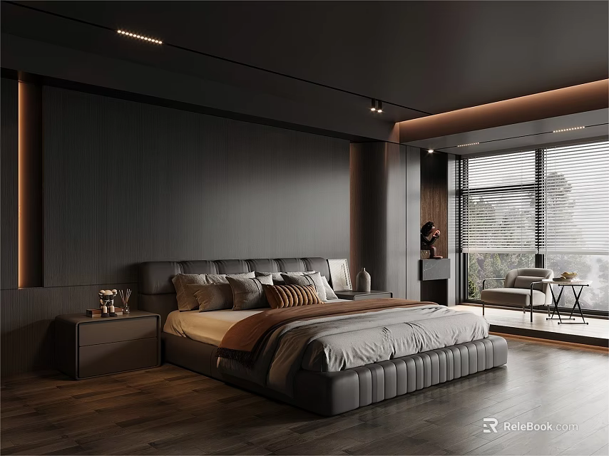 Modern Minimalist Bedroom Interior Design With Dark Walls Wooden Flooring And Lighting 3d model 