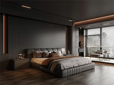 Modern Minimalist Bedroom Interior Design With Dark Walls Wooden Flooring And Lighting 3d model