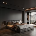 Modern Minimalist Bedroom Interior Design With Dark Walls Wooden Flooring And Lighting