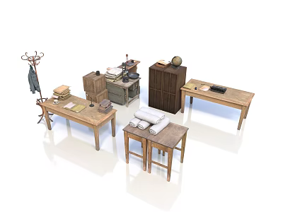 Wooden Dining Table In Rustic Natural Style With Cabinets Stools Books And Globe 3d model