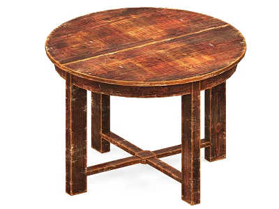 Round Wooden Dining Table Vintage Rustic Style With Wood Grain Top And Crossed Legs 3d model