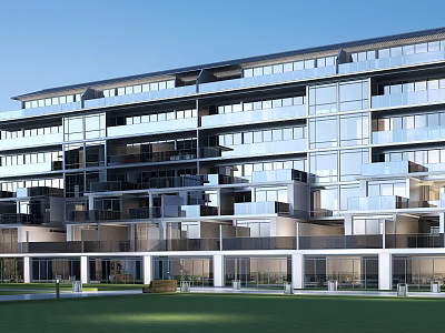 Modern Townhouse Exterior Design With Glass Facade Balconies And Green Lawn 3d model