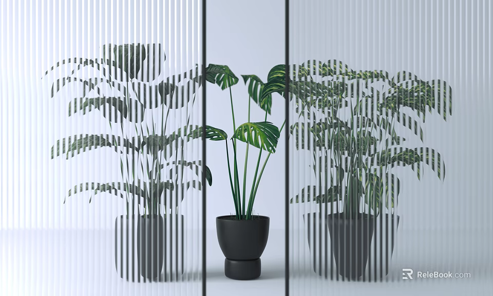Transparent Vertical Stripe Partition With Green Plants In Black Pots For Modern Interior Design 3d model 