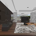 Living Dining Room Interior With Dark Wood Hanging Lights TV Sofa Coffee Table And Rug