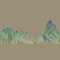 Dreamy Fantasy Landscape Featuring Jagged Mountain Peaks in Blue Green Tones and Winding Rivers