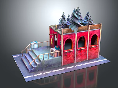 Cartoon Scene Red Brick Building With Arched Windows Roof Pine Trees Staircase And Blue Box 3d model