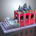 Cartoon Scene Red Brick Building With Arched Windows Roof Pine Trees Staircase And Blue Box