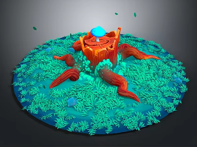 Natural Scene with Orange Tree Stump Blue Sphere Red Roots and Lush Green Grassy Surroundings 3d model