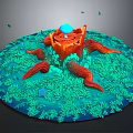 Natural Scene with Orange Tree Stump Blue Sphere Red Roots and Lush Green Grassy Surroundings