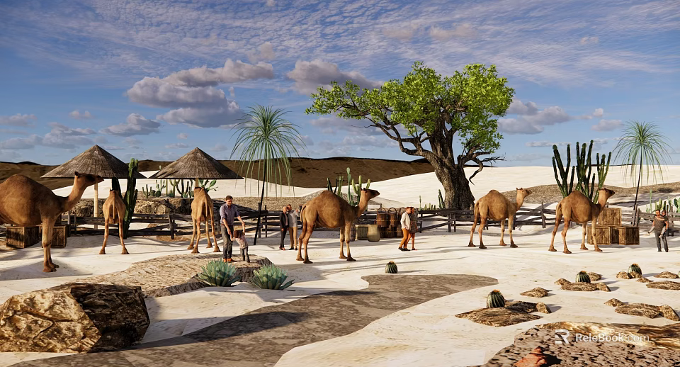 Desert Park Landscape Featuring Camels People Palm Trees Thatched Huts And Sand Dunes 3d model 