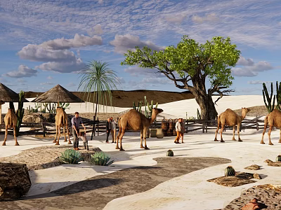 Desert Park Landscape Featuring Camels People Palm Trees Thatched Huts And Sand Dunes 3d model