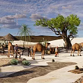 Desert Park Landscape Featuring Camels People Palm Trees Thatched Huts And Sand Dunes