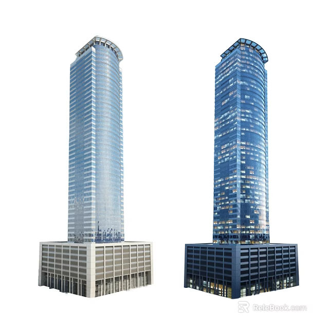 Two Tall Modern Office Buildings With Glass Curtain Walls And Night Lighting 3d model 
