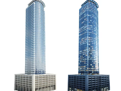 Two Tall Modern Office Buildings With Glass Curtain Walls And Night Lighting 3d model
