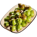 Fresh Ripe Green Pears Arranged in Bowls and Pile on Plates