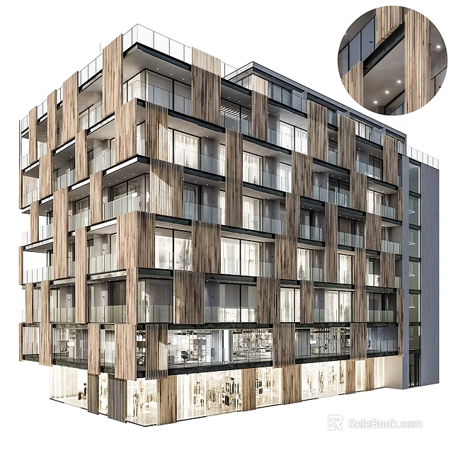 Modern Residential Building Exterior Featuring Wooden Texture Windows Balconies And Ground Floor Commercial Spaces 3d model 