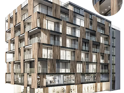 Modern Residential Building Exterior Featuring Wooden Texture Windows Balconies And Ground Floor Commercial Spaces 3d model
