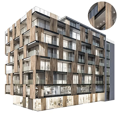 Modern Residential Building Exterior Featuring Wooden Texture Windows Balconies And Ground Floor Commercial Spaces 3d model