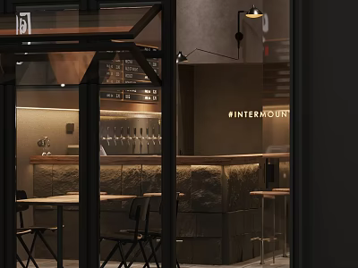 Internout Modern Bar Interior With Glass Door Bar Counter Bar Stools And Modern Lighting Design 3d model