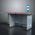 Blue Refrigerator Freezer on Old Metal Workbench with Red Countertop White Logo and Peeling Paint