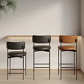 Modern Leather Bar Stools With Black Brown Seats And Metal Frame By Wooden Counter