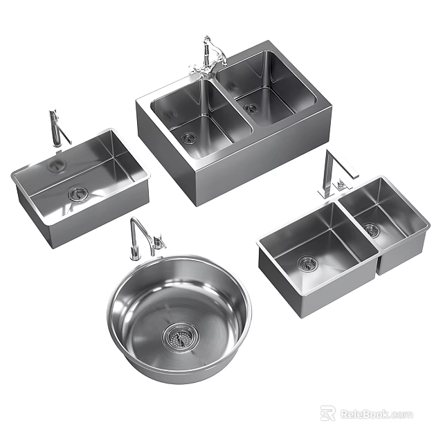 Stainless Steel Kitchen Sinks With Double Bowl Single Bowl And Faucet Designs 3d model 