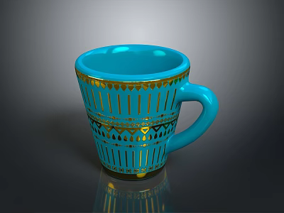 Stylish Blue Cup With Intricate Golden Decorative Patterns And Curved Handle 3d model