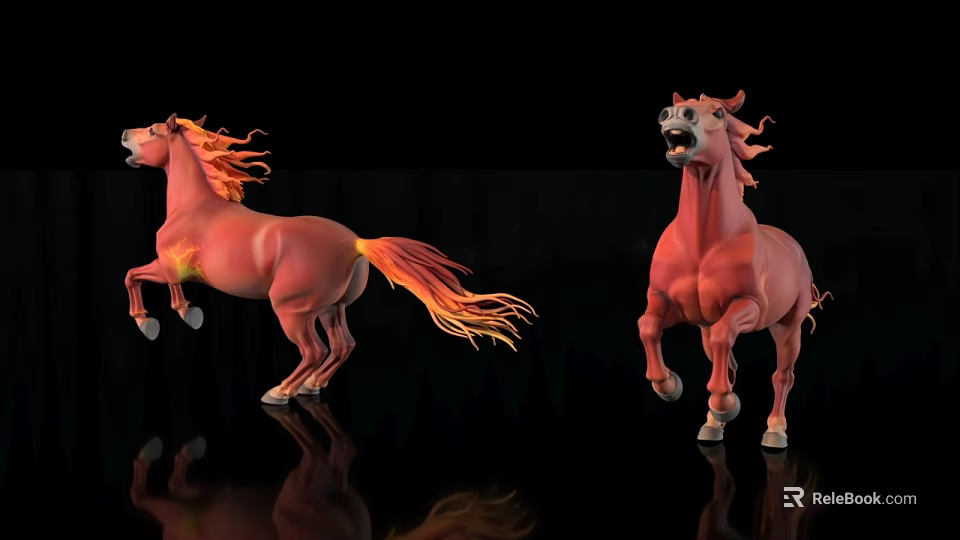Red Horses With Flame Manes Pulling Classic Carriage On Black Background With Reflection 3d model 