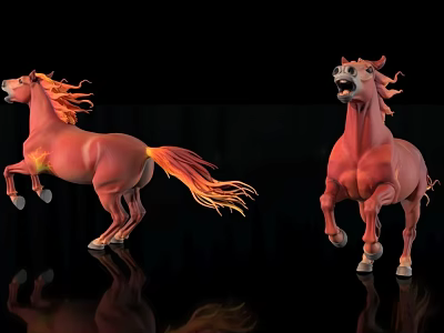 Red Horses With Flame Manes Pulling Classic Carriage On Black Background With Reflection 3d model