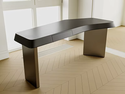 Black Curved Top Desk With Drawers And Metal Legs On Herringbone Wooden Floor 3d model
