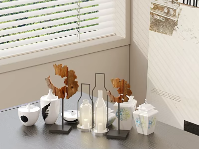Modern Minimalist Decorative Ornament Set With Wooden Leaf Shapes Glass Vases And Ceramic Candle Holders 3d model