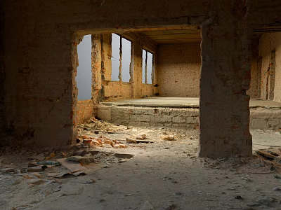 Dilapidated Abandoned Building Interior With Broken Bricks Windows And Concrete Structures 3d model