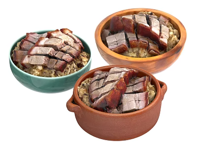 Three Green And Brown Ceramic Bowls With Braised Pork Slices And Steamed Rice 3d model