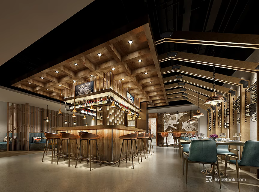 Modern Restaurant Interior Design With Wooden Ceiling Bar Counter Bar Stools And Blue Chairs 3d model 