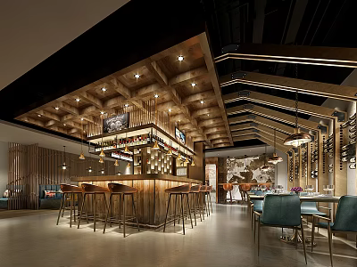 Modern Restaurant Interior Design With Wooden Ceiling Bar Counter Bar Stools And Blue Chairs 3d model