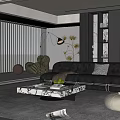 Modern Living Room Interior Design With Black Leather Sofa Marble Coffee Table And Large Windows