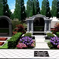 Cemetery Scene With Visitors Taking Photos Walking Path Tombstones Red Flowers And Green Trees