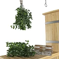 Natural Wooden Bathtub with Metal Ladder Hanging Bucket Small Stool and Green Plants
