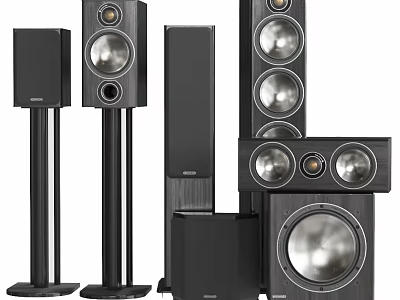 Home Theater Audio Speaker System Featuring Floor Standing Bookshelf And Subwoofer Units With Sleek Design 3d model