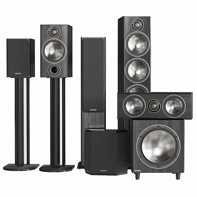 Home Theater Audio Speaker System Featuring Floor Standing Bookshelf And Subwoofer Units With Sleek Design 3d model