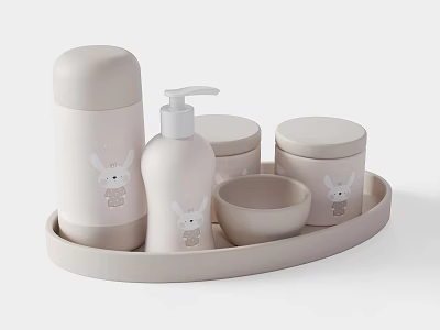 Soft Pastel Daily Washing Items Set With Rabbit Design On Tray And Containers 3d model
