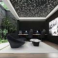 Modern Study Room With Starry Ceiling Display Shelves Collectibles And Black Sofa