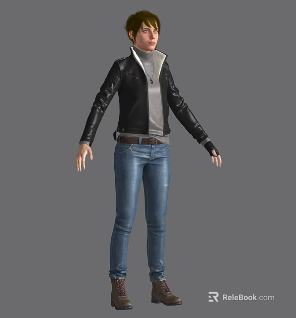 Game and Movie Character in Black Leather Jacket Gray Inner Shirt Blue Jeans Standing Pose 3d model 
