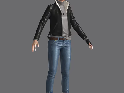 Game and Movie Character in Black Leather Jacket Gray Inner Shirt Blue Jeans Standing Pose 3d model