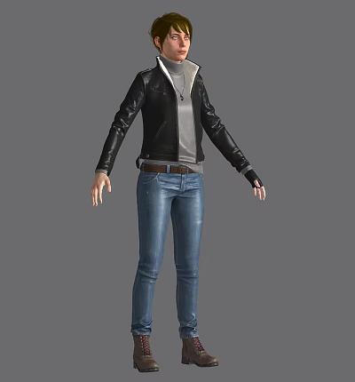 Game and Movie Character in Black Leather Jacket Gray Inner Shirt Blue Jeans Standing Pose 3d model