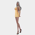 A woman with white long hair wearing stylish yellow sequined sling dress and high heels 3d model